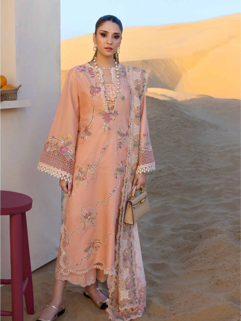 Embroidered Peach Long Sleeve Women's Dress with Scarf